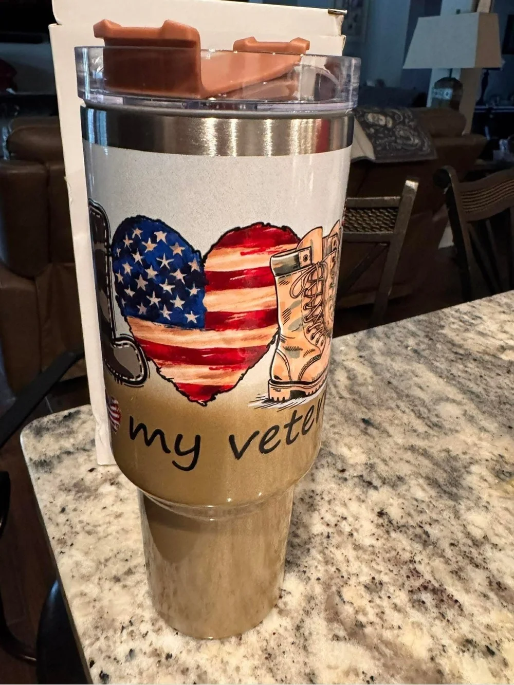 Hand Crafted Tan & Peach Veteran Boot Travel Mug NEW IN BOX WITH STRAW